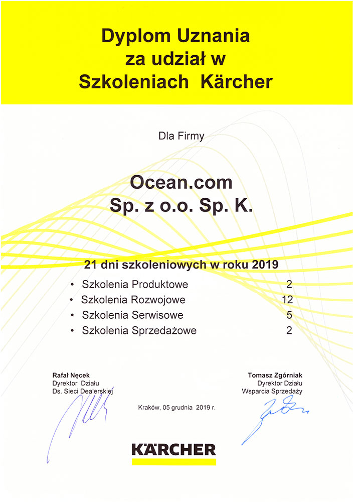 Dyplom uznania za udział w szkoleniach Karcher Katowice